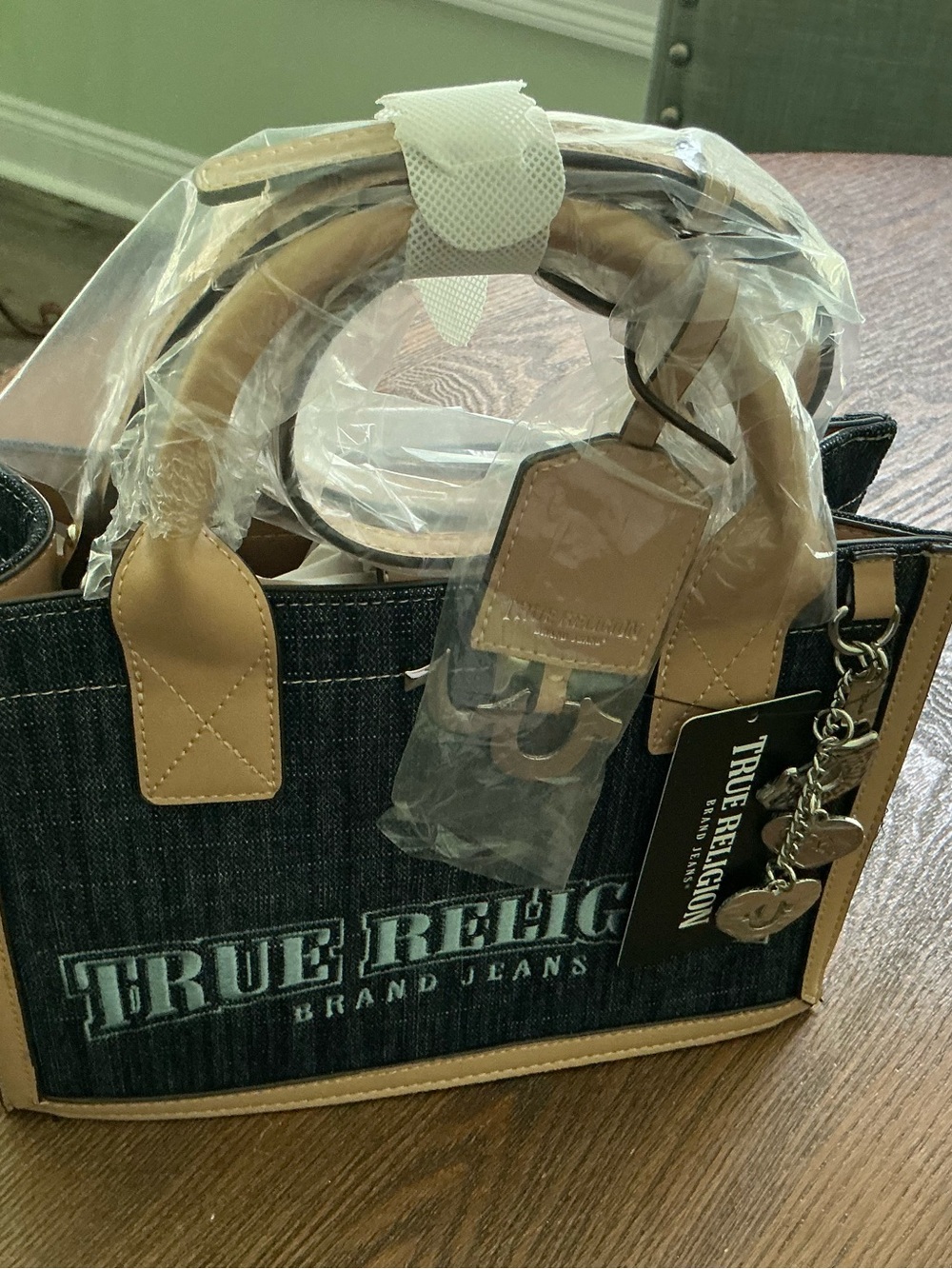 True Religion Bombe Denim Logo Messenger Bag in Blue and Tan